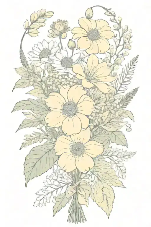 birth flower bouquet february, march, april, may, september, november tattoo design idea