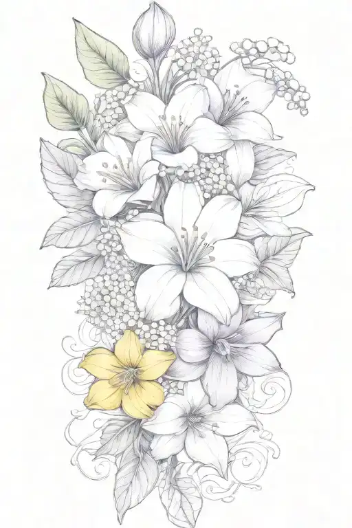 sleeve tattoo 1 flower each and foliage. violet, daffodil, daisy, lily of the valley, morning glory, chrysthemum tattoo design idea