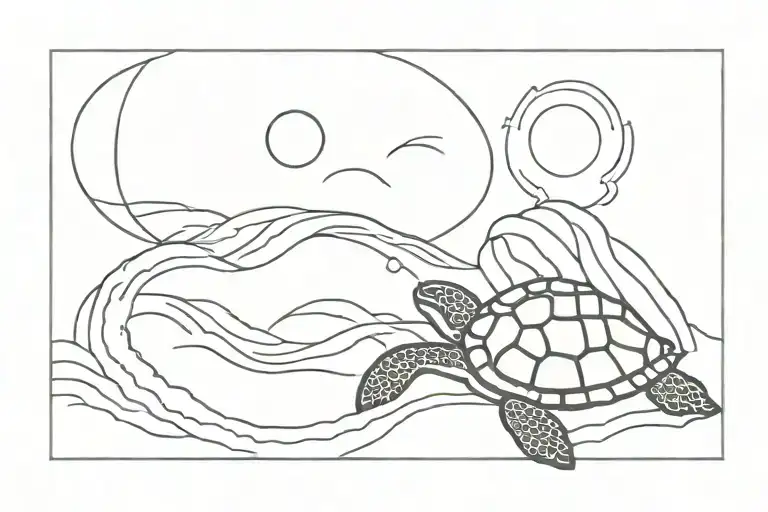 wave and sun and turtle tattoo design idea