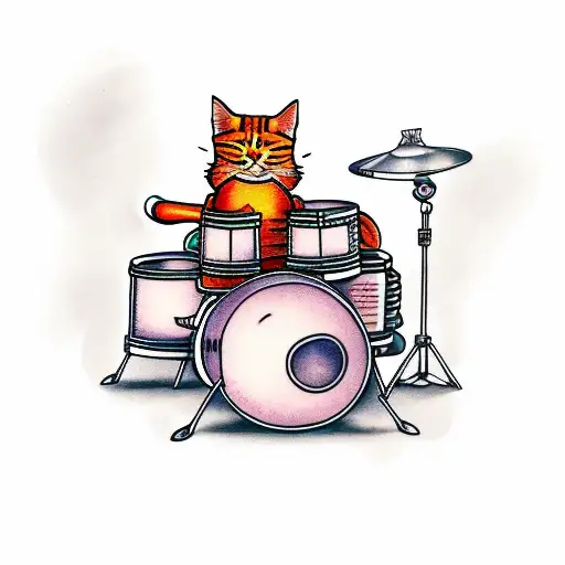 ginger cat sitting at a drum kit tattoo design idea