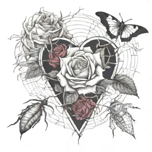 a human heart, rose thorns, roses protrude, cobwebs, spiders, letter B tattoo design idea