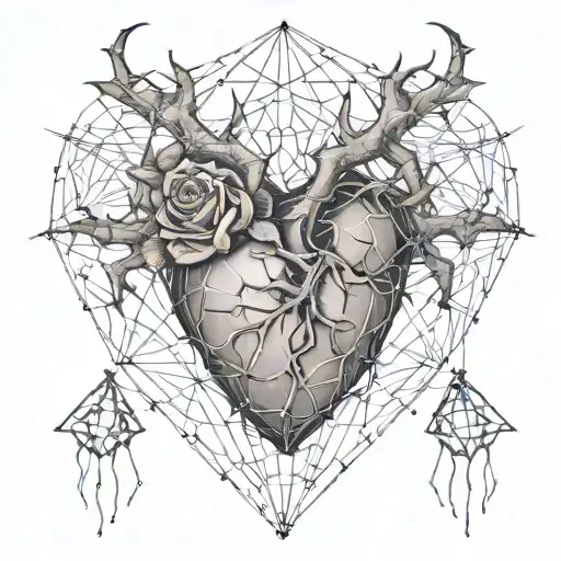 a human heart, rose thorns, roses protrude, cobwebs, spiders, letter B tattoo design idea