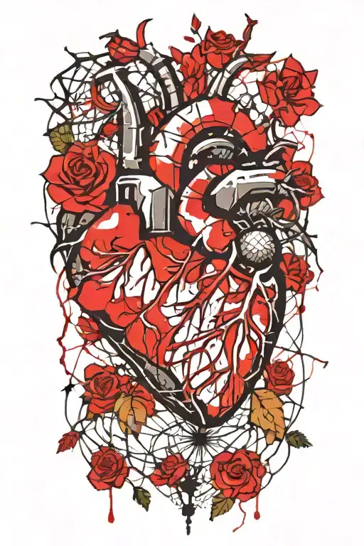 a human heart from which rose thorns and roses protrude, around there are cobwebs, spiders  tattoo design idea