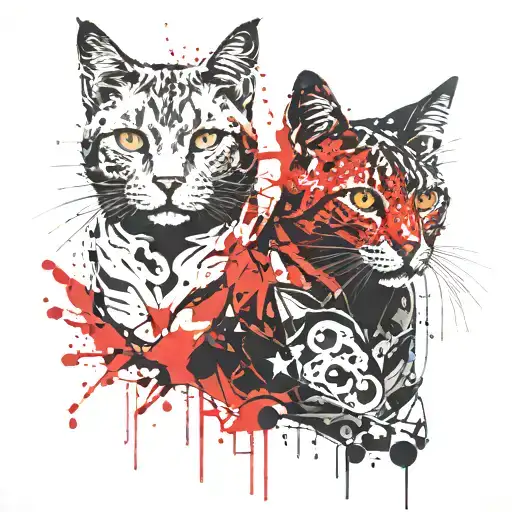 symmetrical two  cats looking forward tattoo design idea
