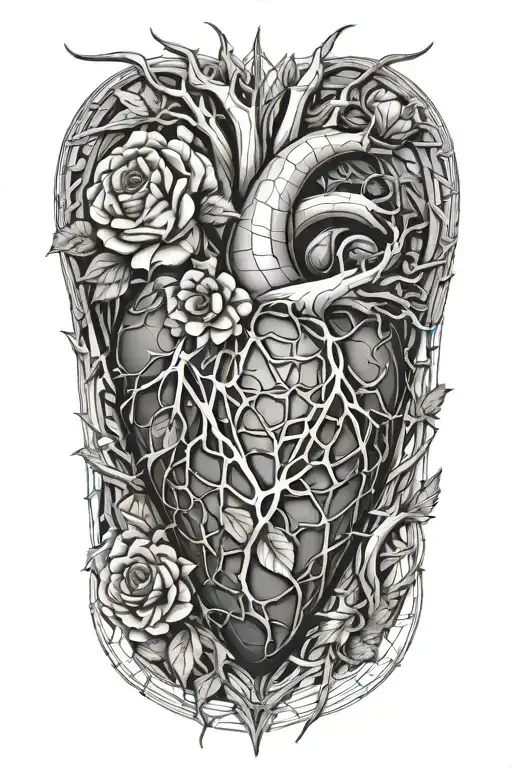 a human heart from which rose thorns and roses protrude, around there are cobwebs, spiders  tattoo design idea