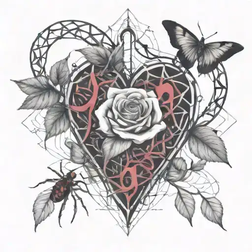 a human heart, rose thorns, roses protrude, cobwebs, spiders, letter B tattoo design idea