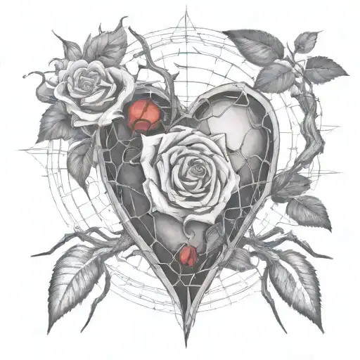 a human heart, rose thorns, roses protrude, cobwebs, spiders, letter B tattoo design idea