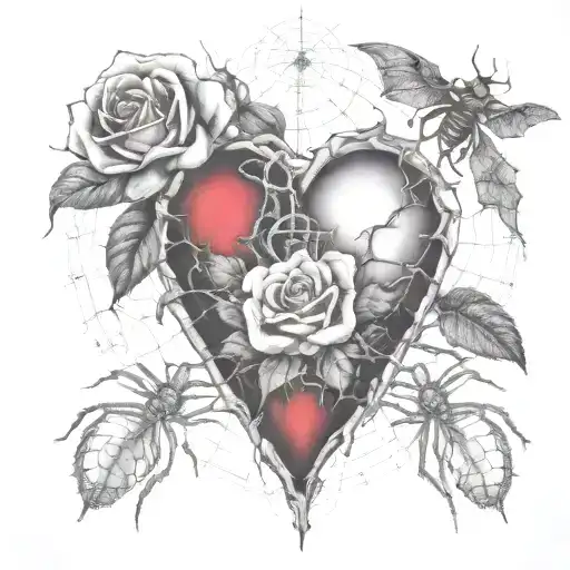 a human heart, rose thorns, roses protrude, cobwebs, spiders, letter B tattoo design idea
