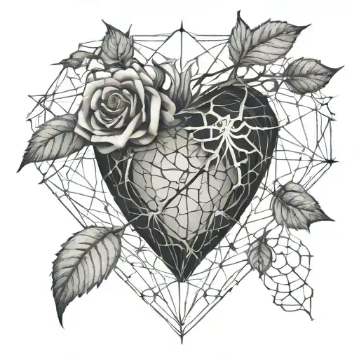 a human heart, rose thorns, roses protrude, cobwebs, spiders, letter B tattoo design idea
