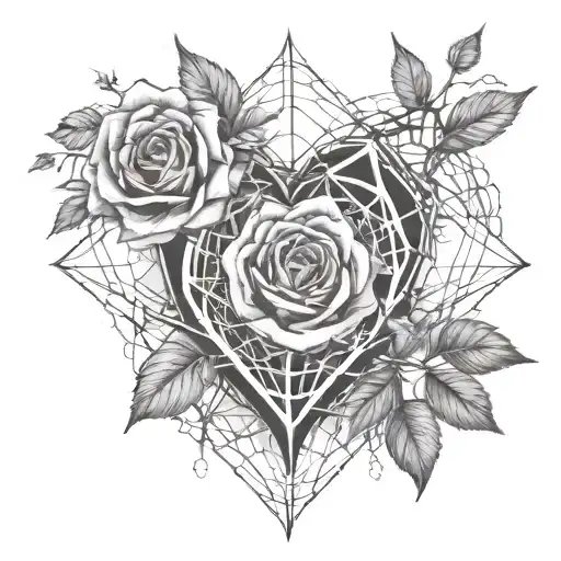 a human heart, rose thorns, roses protrude, cobwebs, spiders, letter B tattoo design idea
