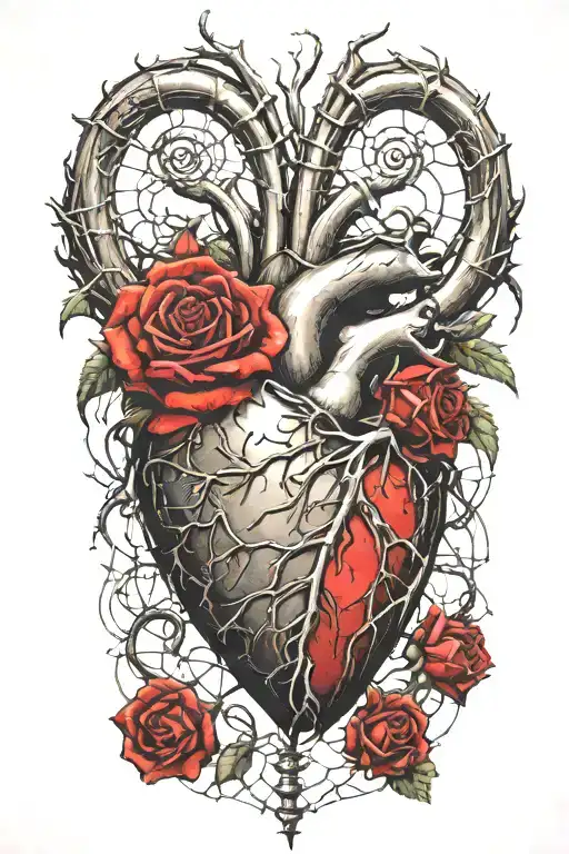 a human heart from which rose thorns and roses protrude, around there are cobwebs, spiders  tattoo design idea