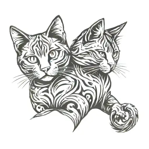 symmetrical two  cats looking forward tattoo design idea
