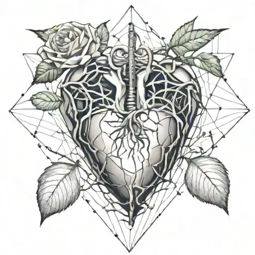 a human heart, rose thorns, roses protrude, cobwebs, spiders, letter B tattoo design idea