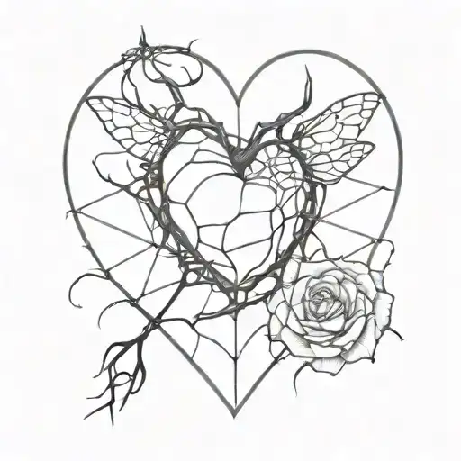 a human heart, rose thorns, roses protrude, cobwebs, spiders, letter B tattoo design idea