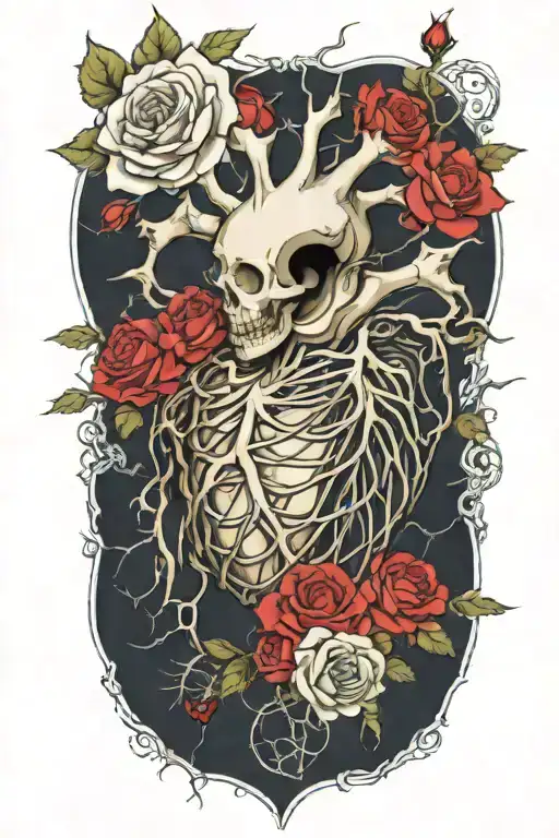 a human heart from which rose thorns and roses protrude, around there are cobwebs, spiders  tattoo design idea