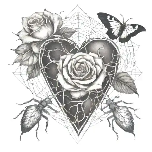 a human heart, rose thorns, roses protrude, cobwebs, spiders, letter B tattoo design idea