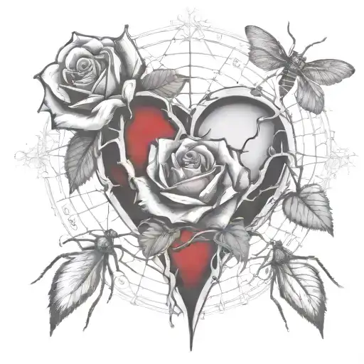 letter B, heart, rose thorns, roses protrude, cobwebs, spiders, tattoo design idea