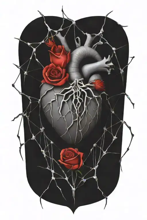 a human heart, rose thorns, roses protrude, cobwebs, spiders, litter B tattoo design idea