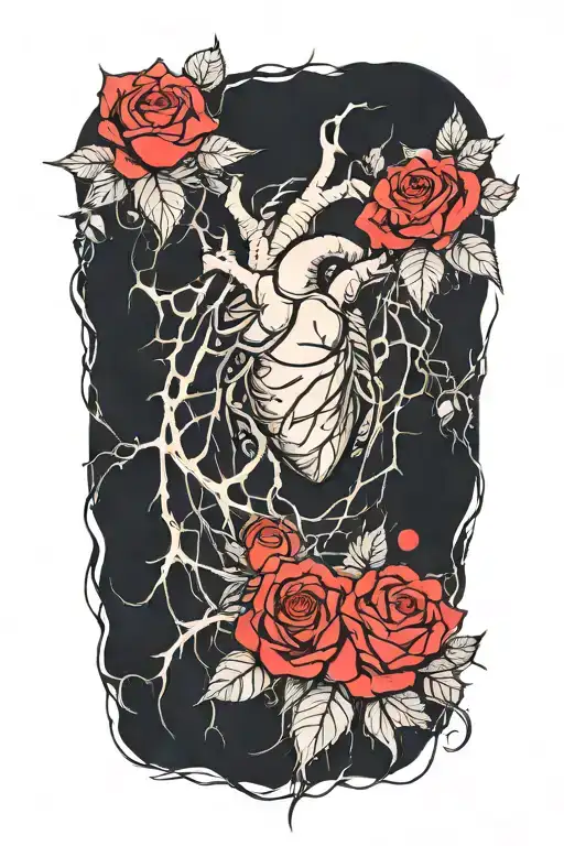 a human heart from which rose thorns and roses protrude, around there are cobwebs and spiders  tattoo design idea