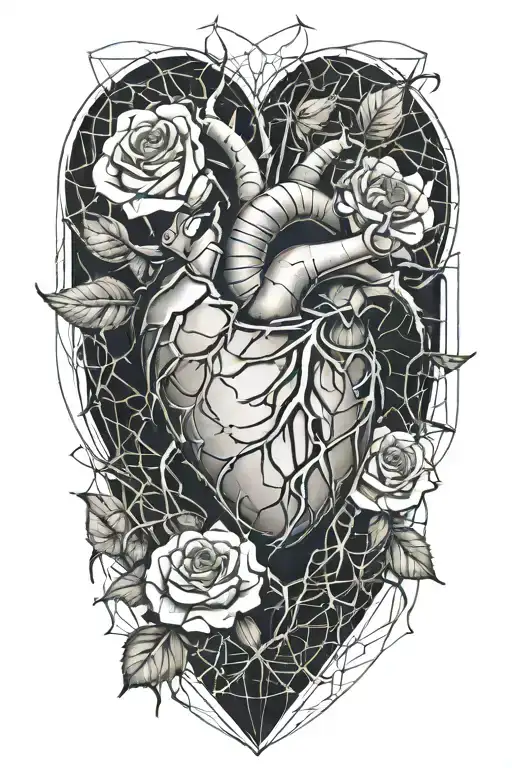 a human heart, rose thorns, roses protrude, cobwebs, spiders  tattoo design idea