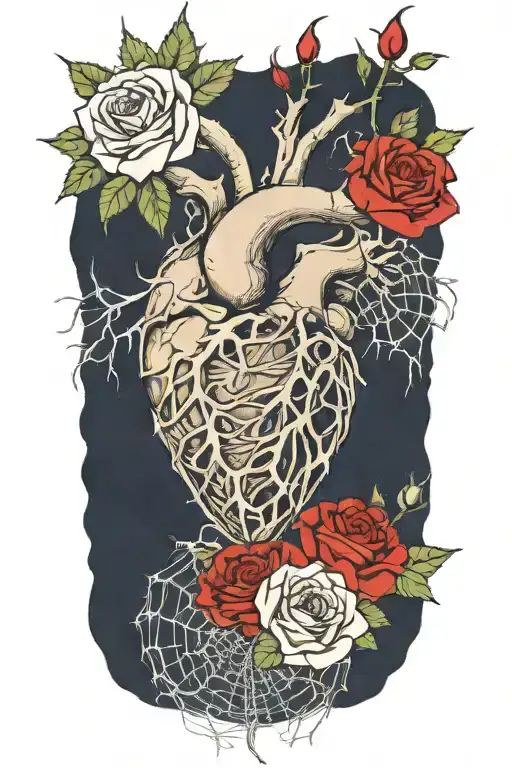 a human heart from which rose thorns and roses protrude, around there are cobwebs and spiders  tattoo design idea