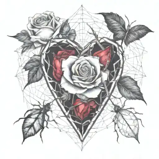 a human heart, rose thorns, roses protrude, cobwebs, spiders, letter B tattoo design idea