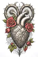 a human heart from which rose thorns and roses protrude, around there are cobwebs, spiders  tattoo design idea