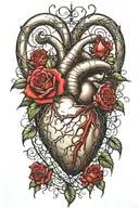 a human heart from which rose thorns and roses protrude, around there are cobwebs, spiders  tattoo design idea