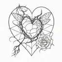 a human heart, rose thorns, roses protrude, cobwebs, spiders, letter B tattoo design idea