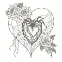 a human heart, rose thorns, roses protrude, cobwebs, spiders, letter B tattoo design idea