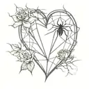 a human heart, rose thorns, roses protrude, cobwebs, spiders, letter B tattoo design idea