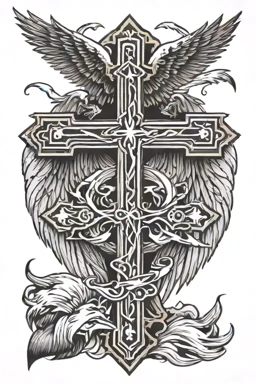 cross with eagle wings tattoo design idea