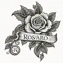the name rosario with rose vines wrapped around it arm tattoo design idea