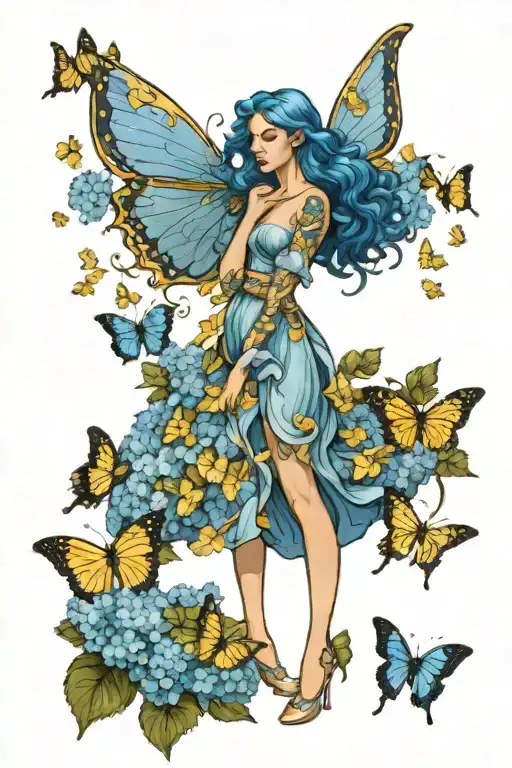female angel standing in blue hydrangeas surrounded by yellow butterflies tattoo design idea