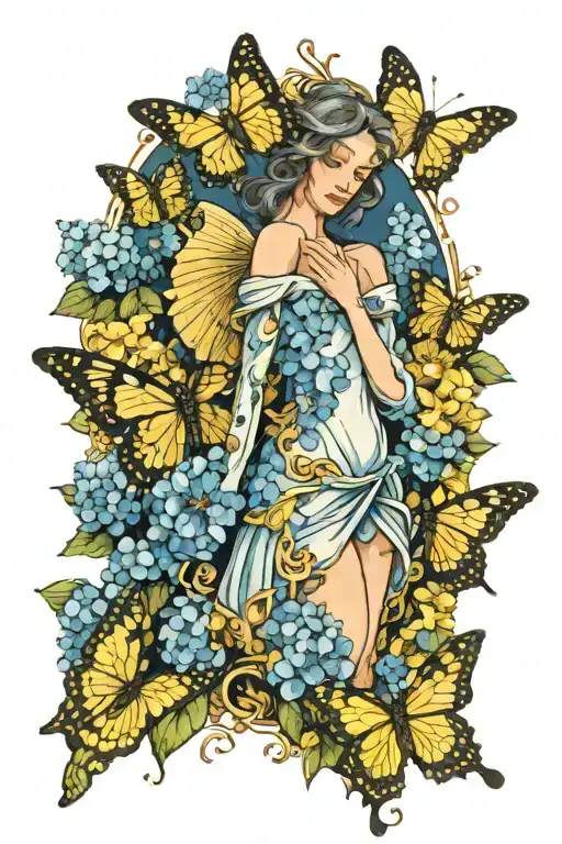 female angel standing in a field of blue hydrangeas surrounded by yellow butterflies tattoo design idea