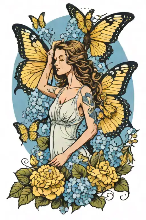 female angel standing with arms raised to heaven in a field of blue hydrangeas surrounded by yellow butterflies tattoo design idea