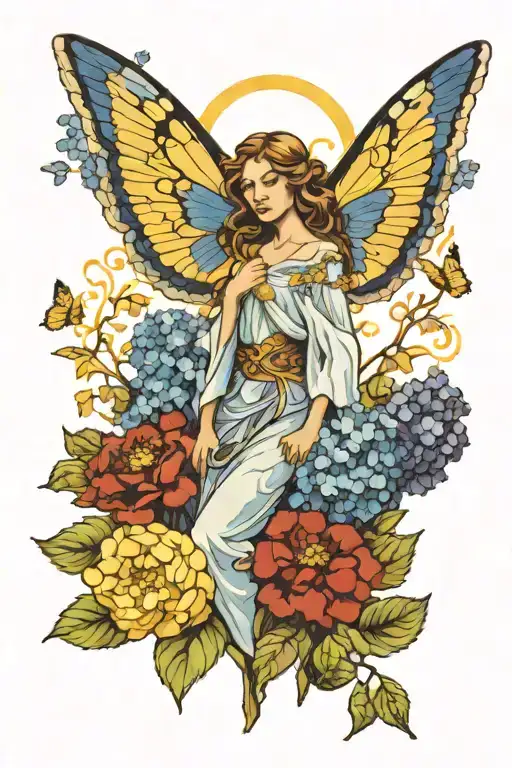 female angel standing in a field of blue hydrangeas surrounded by yellow butterflie tattoo design idea
