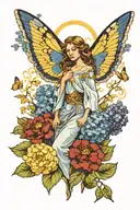 female angel standing in a field of blue hydrangeas surrounded by yellow butterflie tattoo design idea