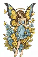 female angel standing in a field of blue hydrangeas surrounded by yellow butterflie tattoo design idea