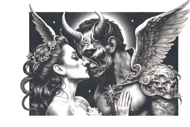 Devil man with horn Kissing a beautiful angel woman .dark background with night sky tattoo design idea