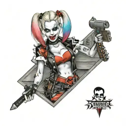 "ultra-realistic" wood clubb harley quinn holding a halligan tattoo design idea