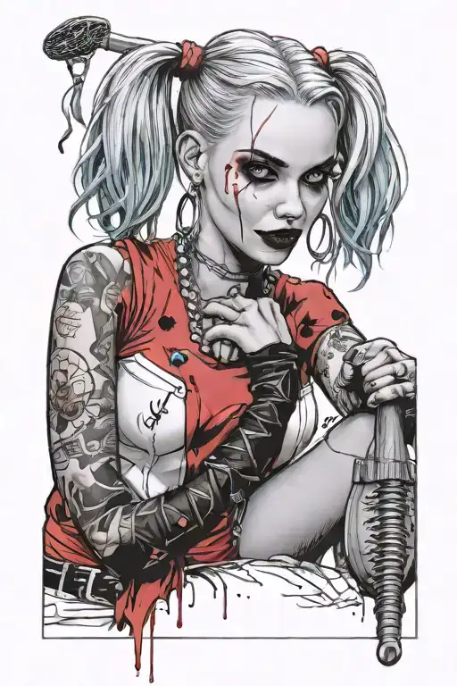 "ultra-realistic" harley quinn with baseball  racket   tattoo design idea
