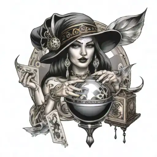 beautiful fortune teller with tarot cards and a crystal ball and dice around the fortune teller tattoo design idea