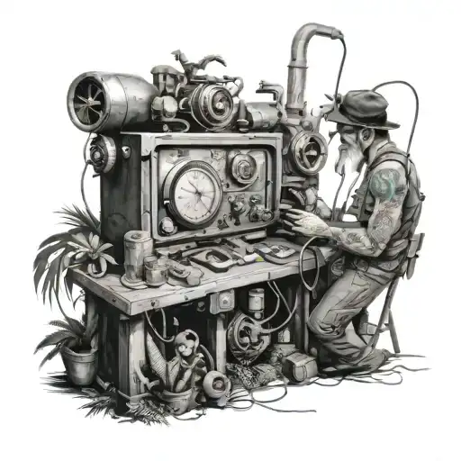 time travel machine operator working with jungle and monsters tattoo design idea