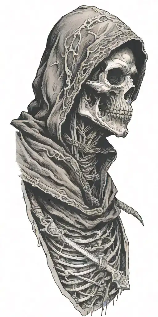 The death black cowl, hood and a scythe standing tattoo design idea