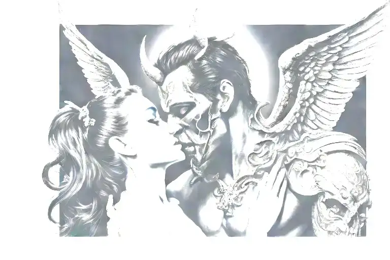 Devil man with horn Kissing a beautiful angel woman .dark background with night sky tattoo design idea