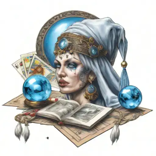 beautiful fortune teller with tarot cards and a blue crystal ball and dice around the fortune teller tattoo design idea
