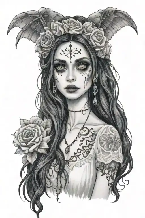Emily Corpse Bride wielding  big eyes long black hair smudged mascara tattoo design idea