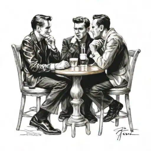 "ultra realistic" marilyn monroe and  humphrey bogart and elvis presley sit in a bar drinking beer tattoo design idea