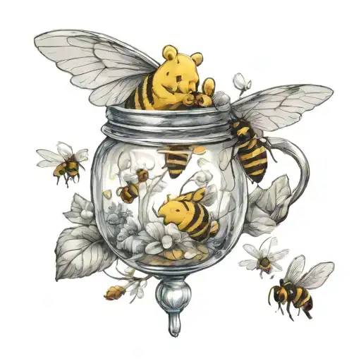 winnie the pooh only  honey jar  whit bees flying tattoo design idea